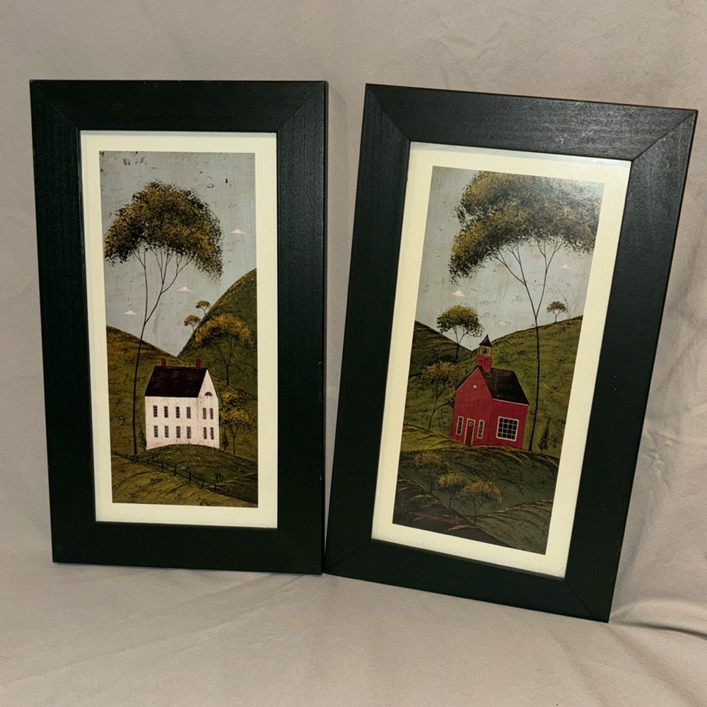 Farmhouse wall art. 2 pictures. Dark green wooden frame.